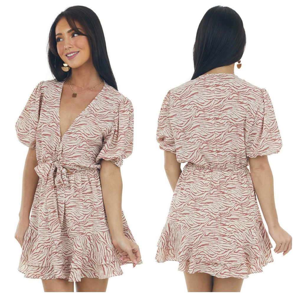 HYFVE Chic Zebra Print Mauve Beige Short Puff Sleeves Dress - Picture 5 of 8